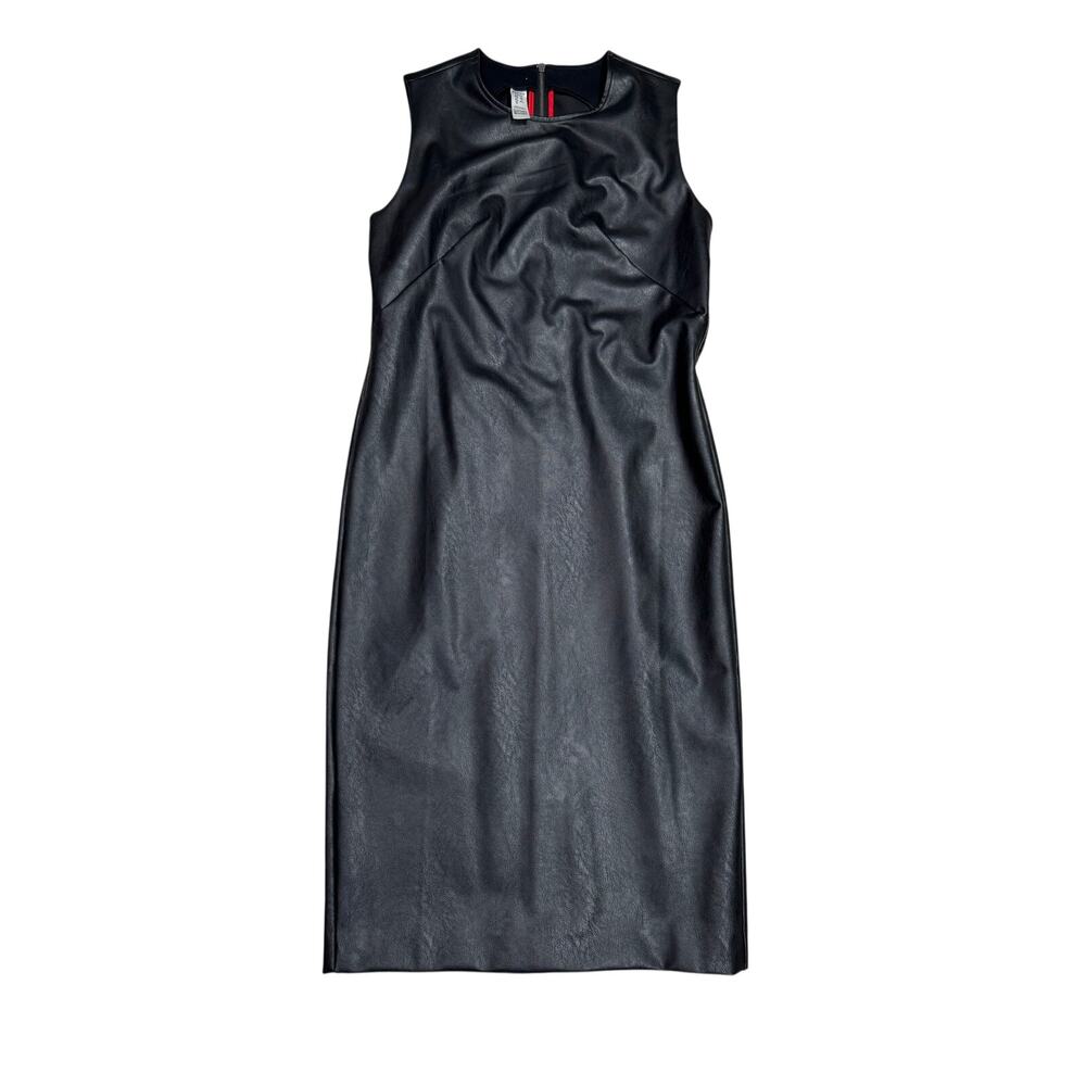 Spanx Leather Like Fitted Sheath Dress S Luxe Black Bodycon LBD Faux Midi